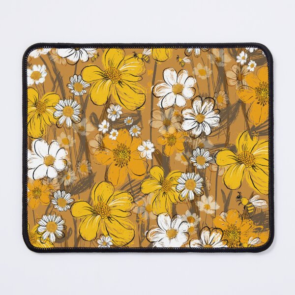 Item preview, 70s sketchy florals, retro, bees, daisies, yellow flowers designed and sold by chrissyink.