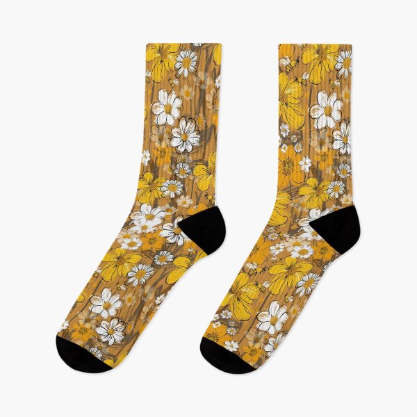 Item preview, 70s sketchy florals, retro, bees, daisies, yellow flowers designed and sold by chrissyink.
