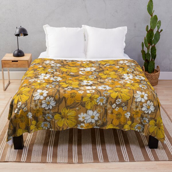 Item preview, 70s sketchy florals, retro, bees, daisies, yellow flowers designed and sold by chrissyink.