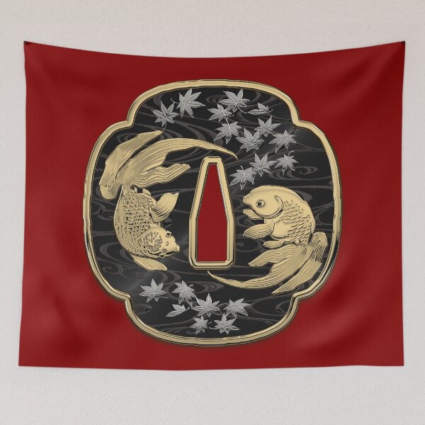 Item preview, Japanese Katana Tsuba - Twin Gold Fish on Black Steel over Red Velvet designed and sold by Serge Averbukh Art Studio.