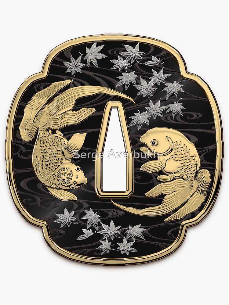 Japanese Katana Tsuba - Twin Gold Fish on Black Steel over