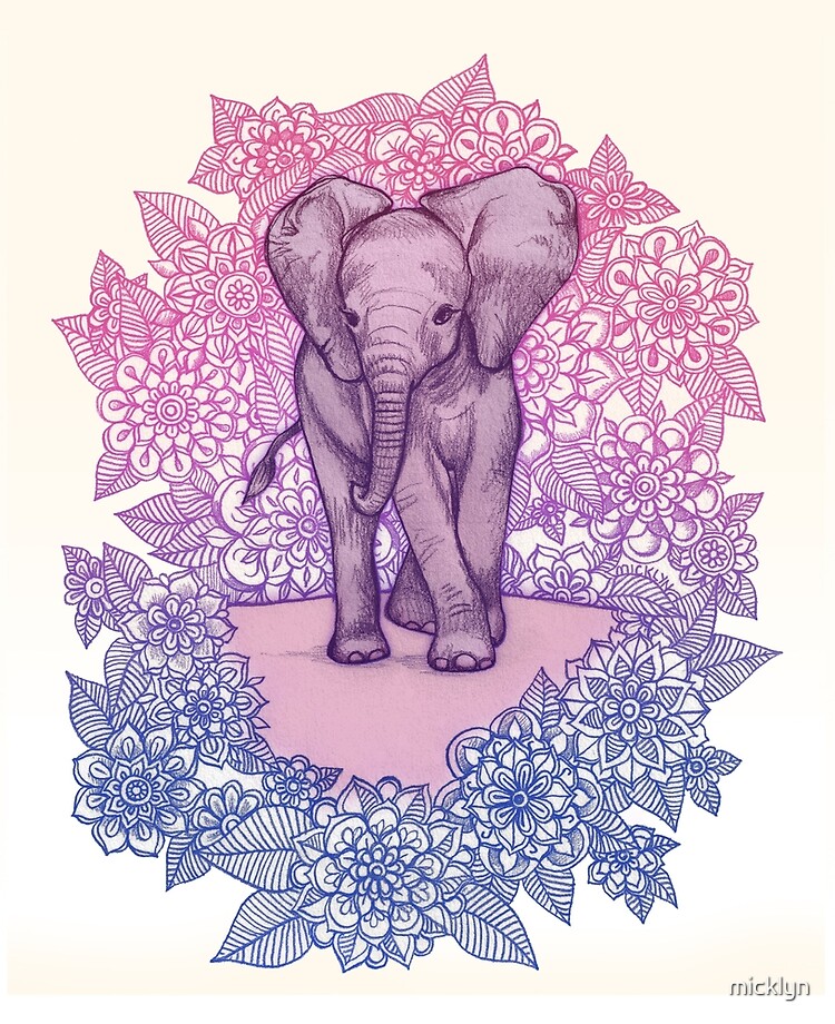 Cute Baby Elephant in pink, purple & blue