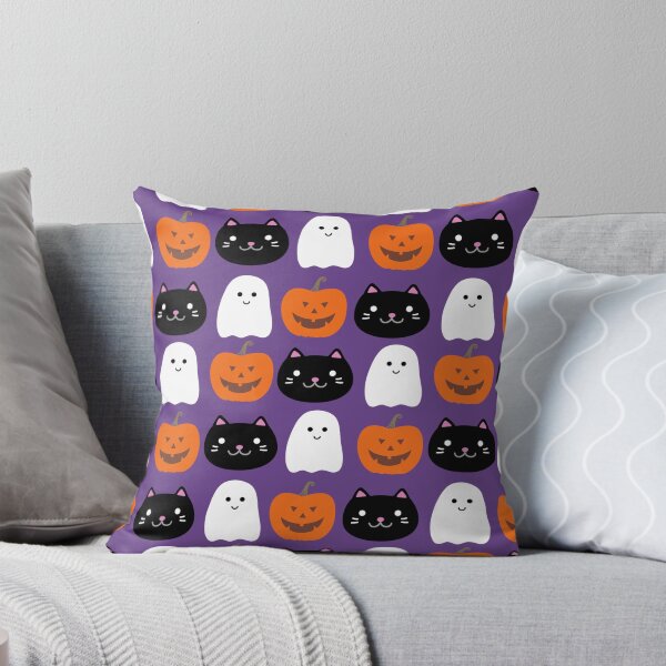 Item preview, Cat Face and Pumpkin and Ghost Pattern - Purple Background designed and sold by catladyjoy.