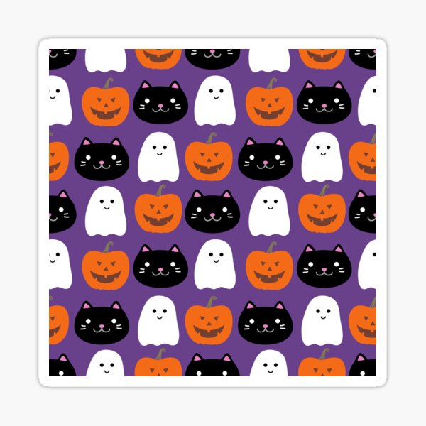 Cat Face and Pumpkin and Ghost Pattern - Purple Background Sticker