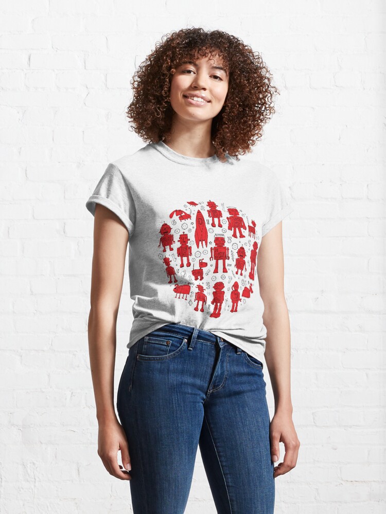 Alternate view of Robot Pattern - Red and White - fun pattern by Cecca Designs Classic T-Shirt