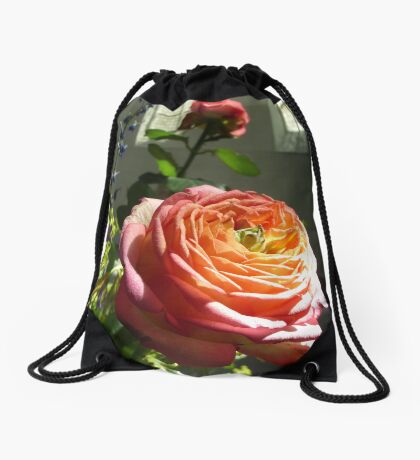 Pink rose in green Drawstring Bag