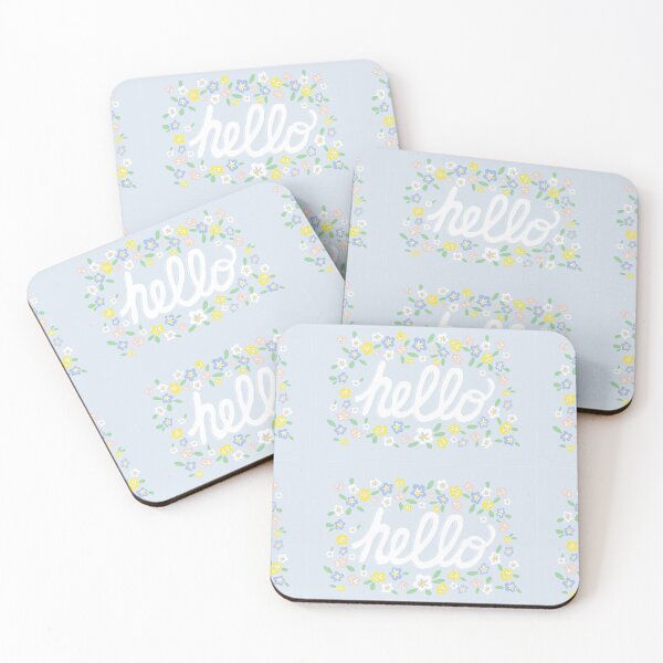 Item preview, cheerful hello text print on light blue background with small flowers  designed and sold by AngelDawnDesign.