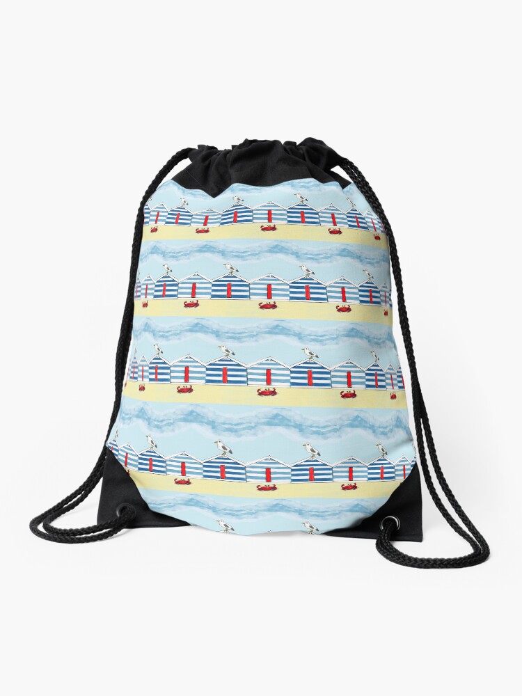 Thumbnail 1 of 3, Drawstring Bag, Happy Seaside Beach Huts designed and sold by ClareWalkerArt.