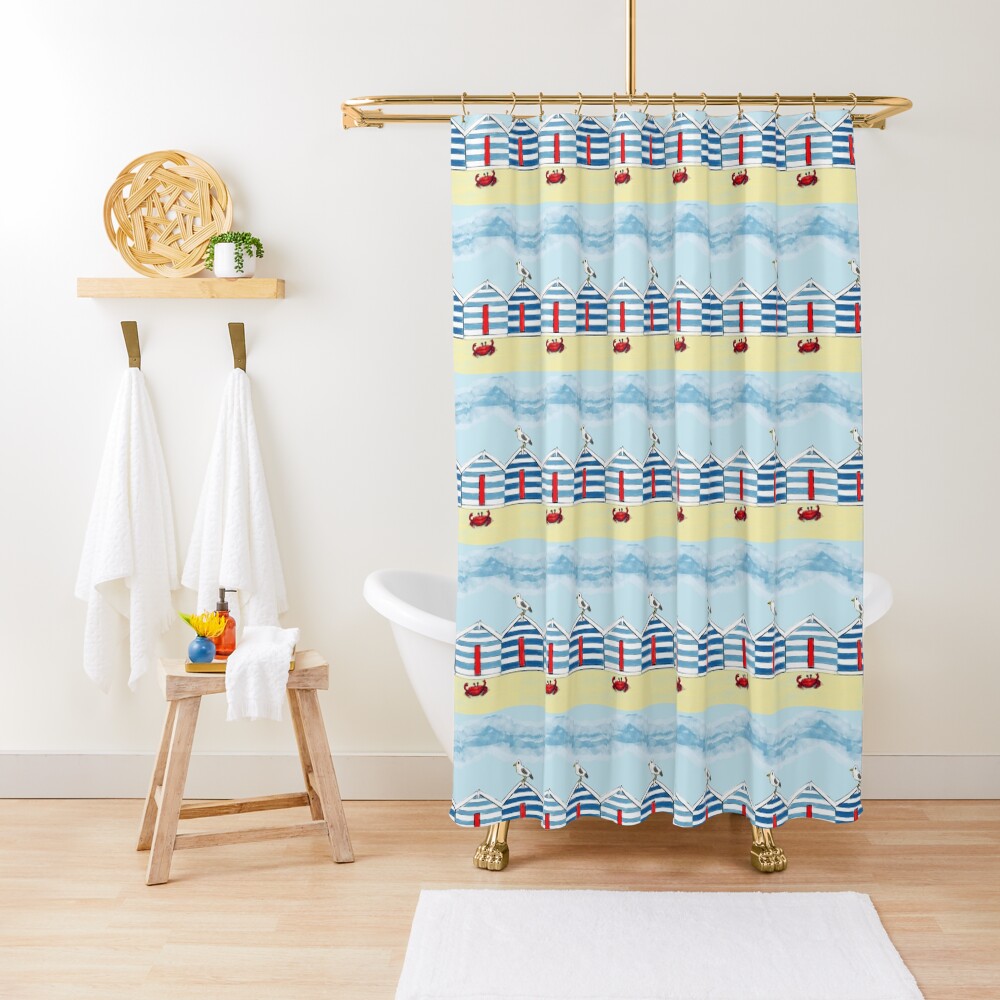 Happy Seaside Beach Huts Shower Curtain