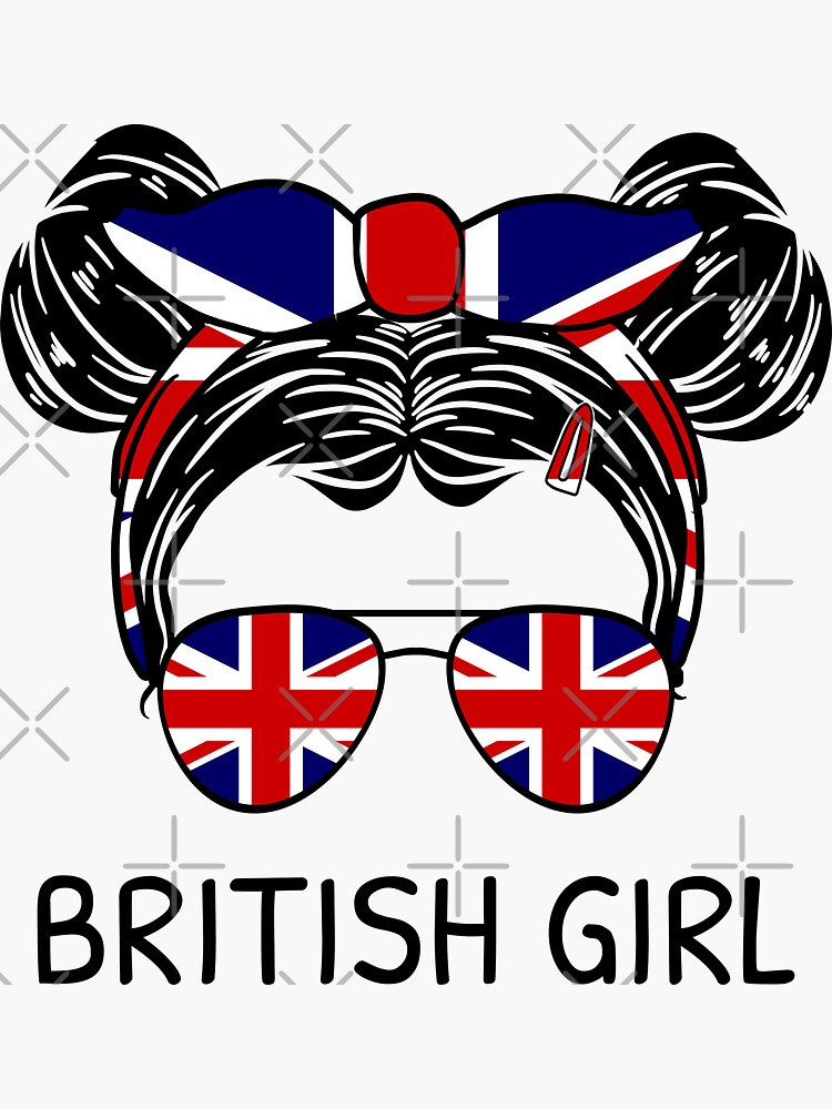 "United Kingdom Flag British Girl With Messy Buns I" Sticker for Sale