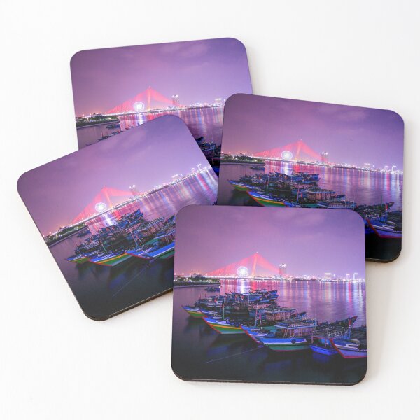 Item preview, MARITIME #21 - Multi-Colored Boat Hulls on Nighttime Beautiful Bay designed and sold by DEL-Productions.