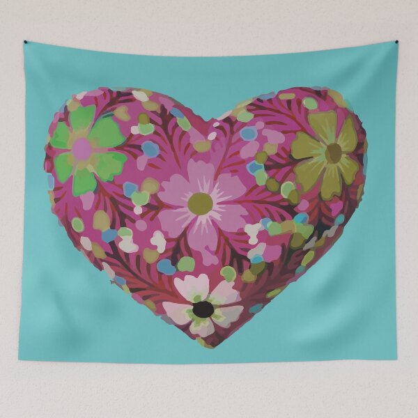 Item preview, Mexican wooden heart oaxacan wood carving hand painted flower milagrito magenta folk art interior design decoration designed and sold by T-Mex.