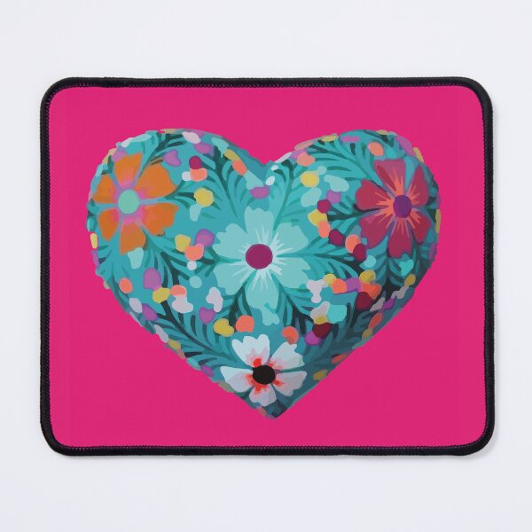 Item preview, Mexican wooden heart oaxacan wood carving hand painted flower milagrito turquoise hot pink folk art interior design decoration designed and sold by T-Mex.
