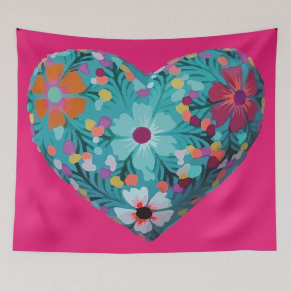 Item preview, Mexican wooden heart oaxacan wood carving hand painted flower milagrito turquoise hot pink folk art interior design decoration designed and sold by T-Mex.