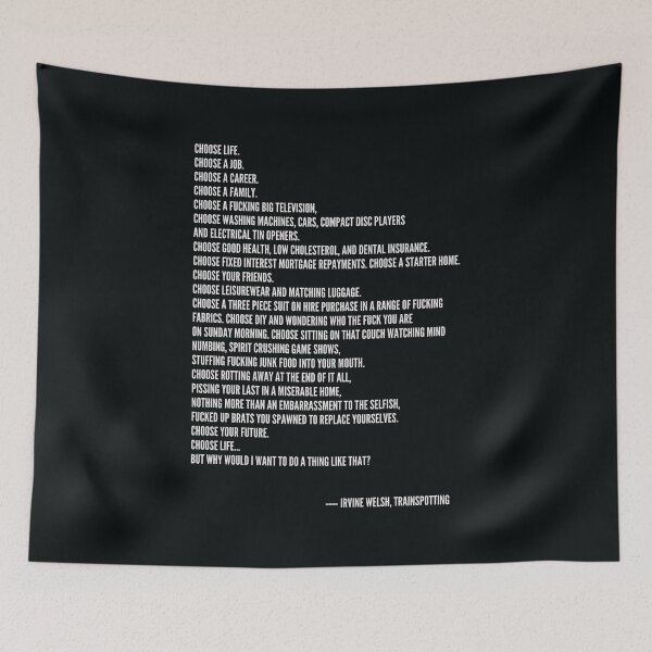 Item preview, Choose life Trainspotting epic speech without heroin simple white on black bold type portrait design designed and sold by WordStruggle.