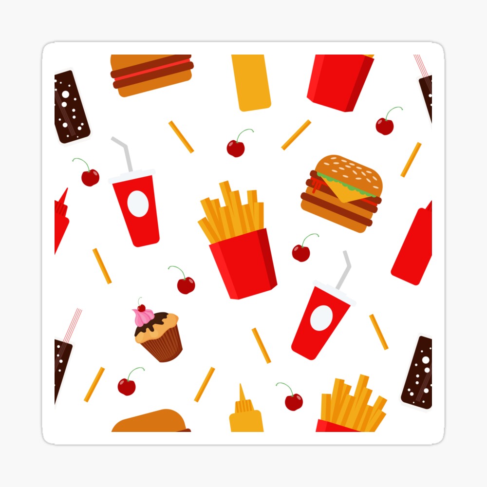 Fast Food. Food Background. Unhealthy Food. Sweets, Fries, Burger, Soda.  Health Care. Seamless Pattern. Bistro Food