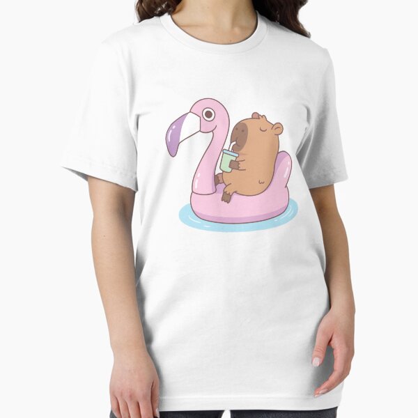 Aperçu de l'œuvre Capybara mignon se refroidissant sur le flotteur de piscine de flamant rose créée et vendue par rustydoodle.