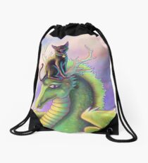 Black Cat and Green Dragon Drawstring Bag