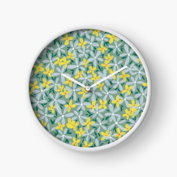 Little ditsy floral print - green, blue, ice blue, emerald Clock