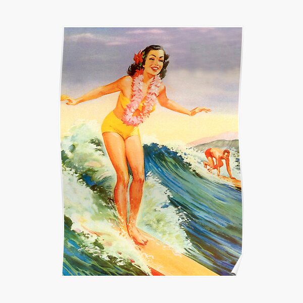 Hawaii, big wave, surf, vintage travel poster Poster