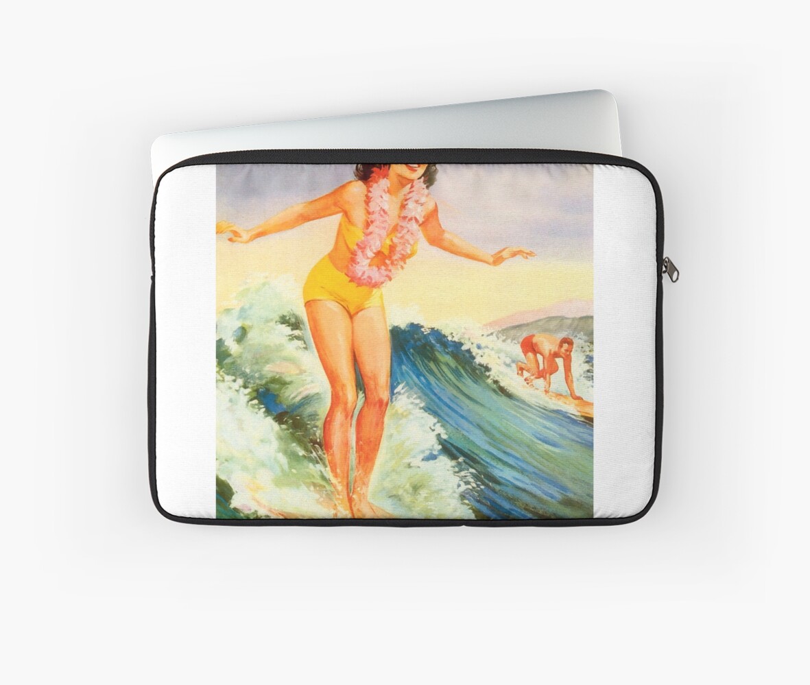 Hawaii Big Wave Surf Vintage Travel Poster Laptop Sleeves By