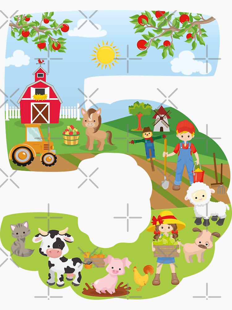 Pegatina «Animales de granja Quinto cumpleaños Tema de la fiesta Número