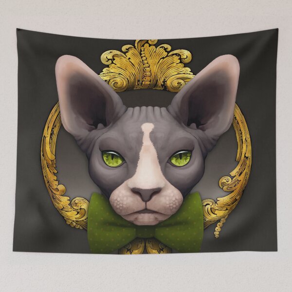 Item preview, Sphynx cat illustration with green bowtie and gold ornamental frame designed and sold by Svitac.