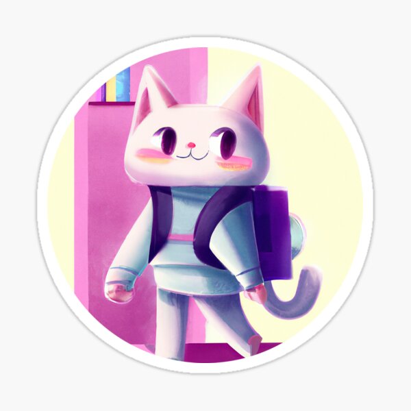 Back To School Kawaii Pink Cat - Cartoon Digital Art Sticker