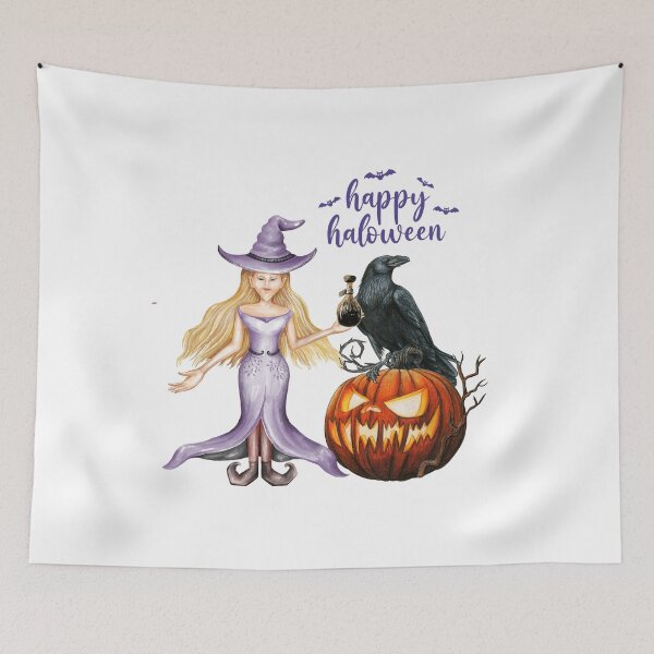 Item preview, Happy Halloween Scary Carved Pumpkin and Purple Witch designed and sold by silviaol.
