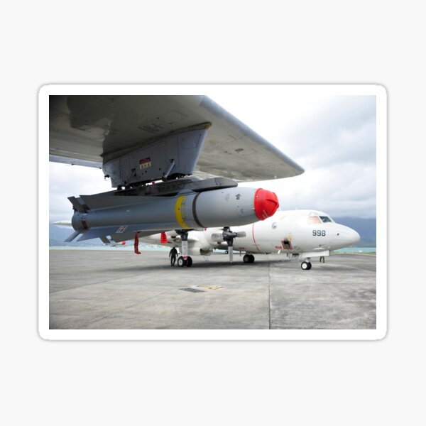 An AGM-65 Maverick tactical missile is mounted on a P-3C Orion. Sticker