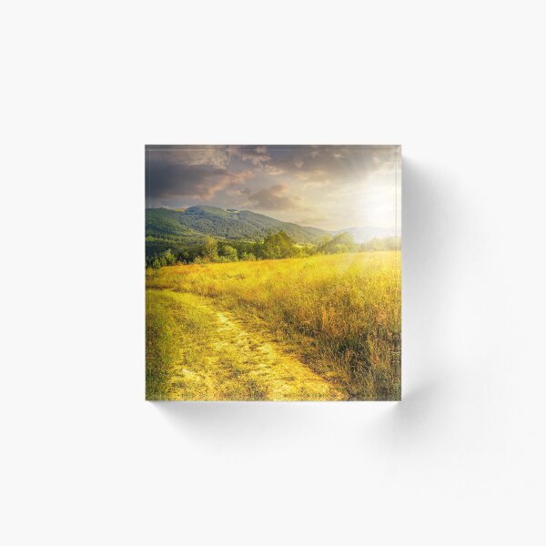 road through a rural meadow on the hillside at sunset Acrylic Block