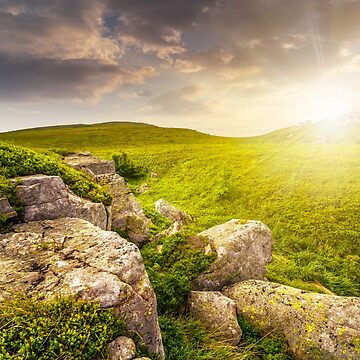 Artwork thumbnail, stones in valley on top of mountain range at sunset by mike-pellinni