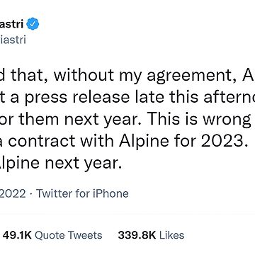 "Oscar Piastri Tweet Stating He Will Not Drive For Alpine In 2023