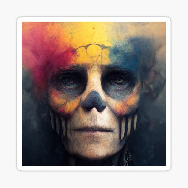 A skull splattered with multicolored ink. Skull painted with colorful paints. Sticker