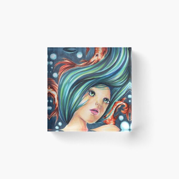 Koi Fish Underwater Ocean Girl Scene Acrylic Block