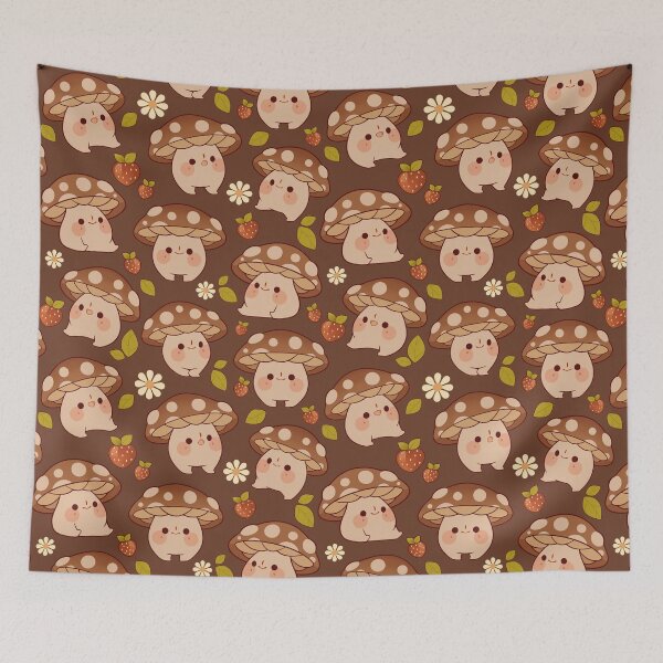 Item preview, Brown mushroom pattern with strawberries and daisies brown designed and sold by Rihnlin.