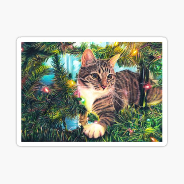 Item preview, Tabby cat sitting in a Christmas Tree with colourful lights fine art drawing designed and sold by SemaMartinArt.