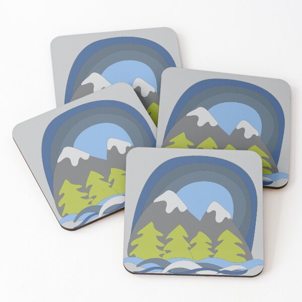 Item preview, Illustrated whimsical mountain scene cartoon snowy forest peaks. designed and sold by AngelDawnDesign.