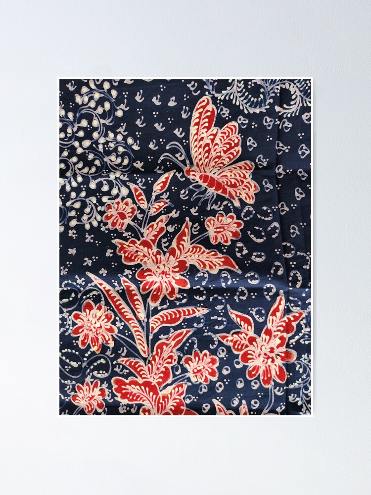 Indonesian Batik Lasem, Handwritten Batik Tulis, Hand Drawn Indonesian Batik Fabric, Red and Blue Batik Sarong deals with Floral Design