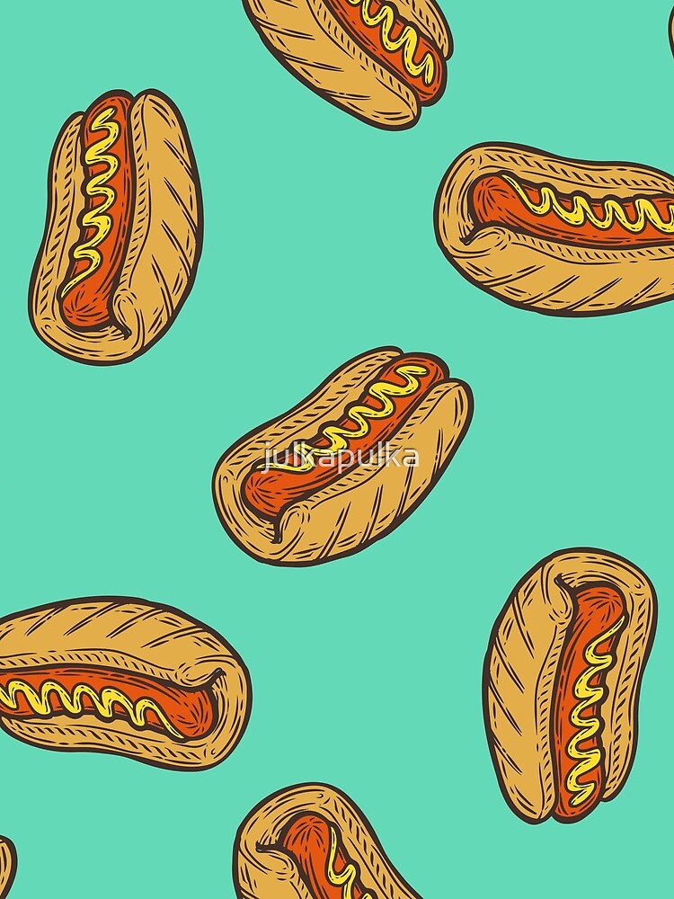 Discover Hot dog sausage Fast food vector seamless pattern. Junk food on green Drawstring Bag
