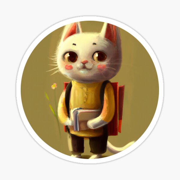 Back To School Cute White Cat with Flower - Cartoon Digital Art Sticker