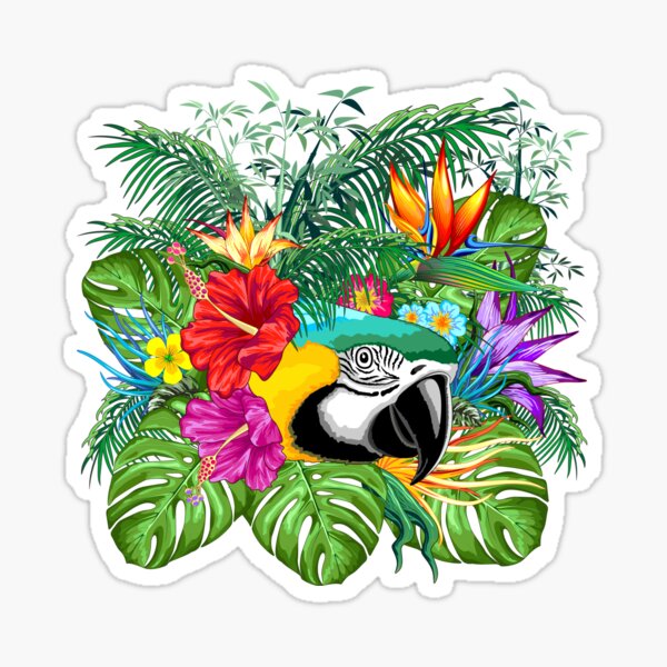 Blue Macaw Parrot Floral Portrait coming out from Exotic Jungle Sticker