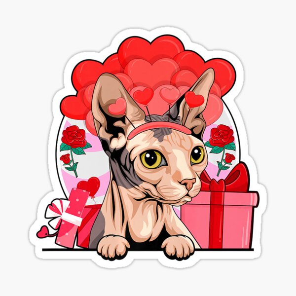 Grey Nude Sphynx Cat Valentines Day Hearts Balloons Flowers Premium