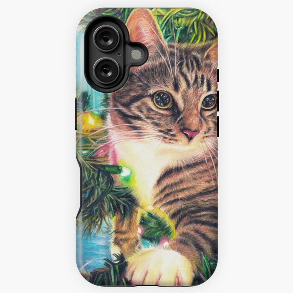 Item preview, Tabby cat sitting in a Christmas Tree with colourful lights fine art drawing designed and sold by SemaMartinArt.