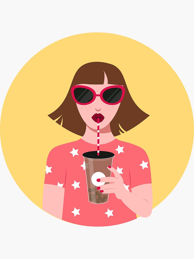 "Young pretty woman with sunglasses drinking bubble tea character, Cute