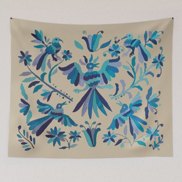 Item preview, Blue otomi tenango mexican fabric birds and flower embroidery interior design designed and sold by T-Mex.