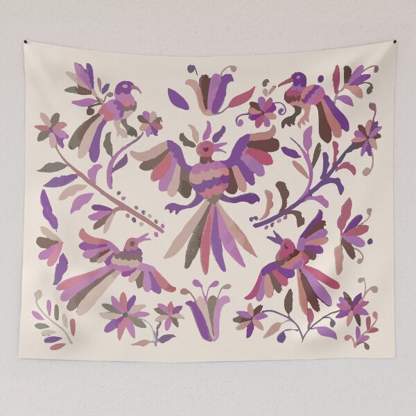 Item preview, Pink purple otomi tenango mexican fabric birds and flower embroidery interior design designed and sold by T-Mex.