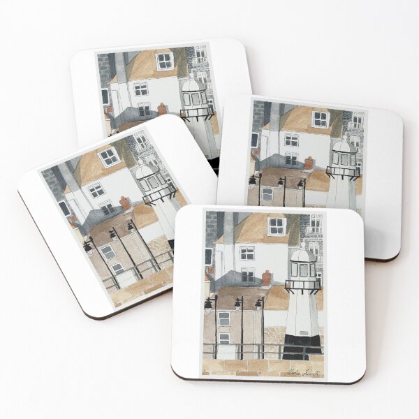 Item preview, Watercolor illustration of lighthouse and houses in Cornwall, England, UK designed and sold by Malu-Iriarte.