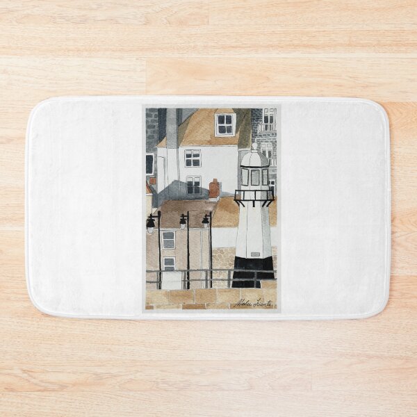 Item preview, Watercolor illustration of lighthouse and houses in Cornwall, England, UK designed and sold by Malu-Iriarte.