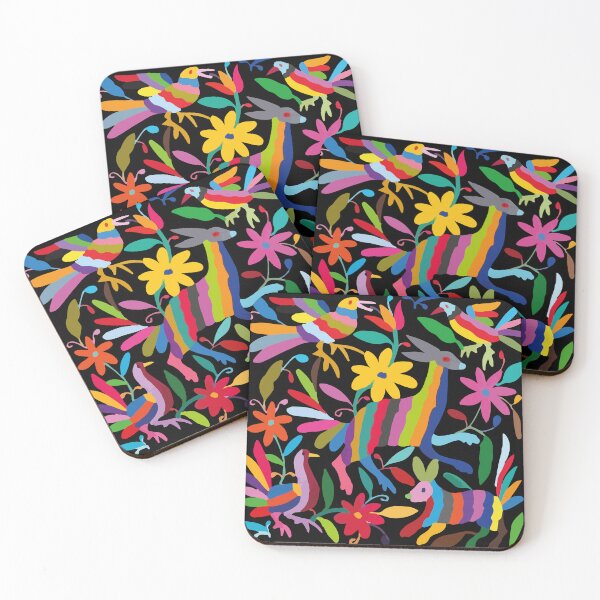 Item preview, Mexican textile handmade embroidery colorful pattern otomí tenango black fabric designed and sold by T-Mex.